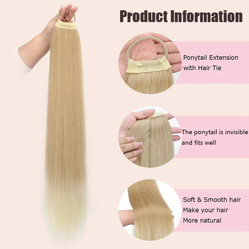 Women's Straight Ponytail Hair Extension Synthetic Long Straight Hair with Elastic Band,Adds Volume&Length,Perfect for Parties