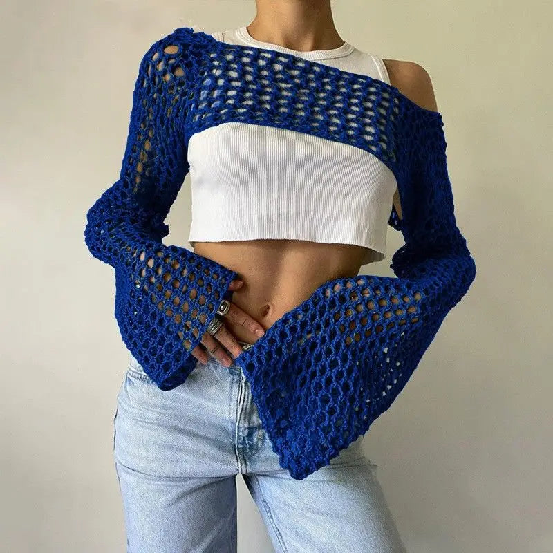 JOEVILU Cropped Knit Top Oversized Slimming Mesh Sunscreen Cover-Up Women's Thin Long Sleeve Breathable Sun Protection Blouses