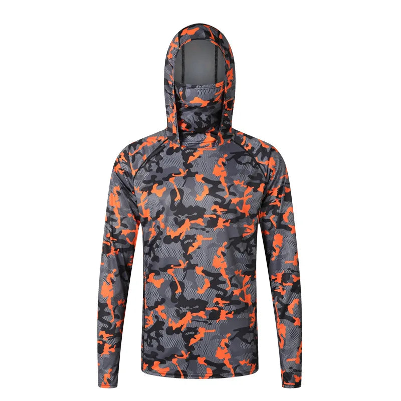 Camouflage Fishing T-shirt with Face Mask Long Sleeve Ice Silk Summer Fishing Shirt Breathable Sunscreen Hooded Fishing Top