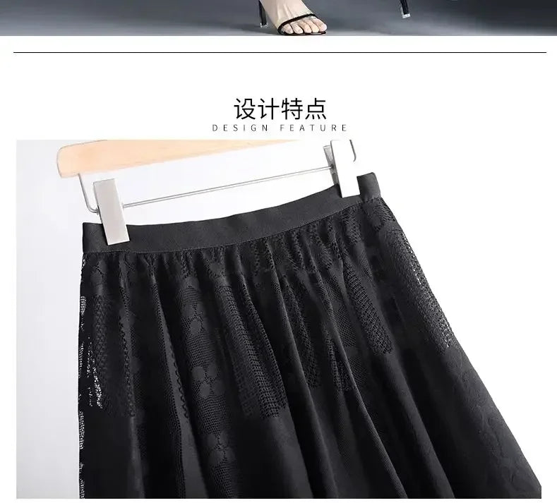 Lace Skirt for Women New Style Popular Versatile A-line Midi Skirt for Large Mesh Hollow Fairy Pleated Skirt