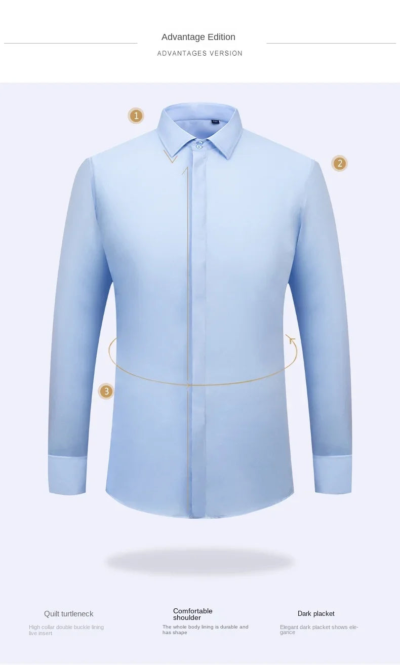 2026 Iron Free French Cufflink Long Sleeves Slim Fit 100% Cotton  Men's Concealed Buttons Solid Color High-end Wedding Dress