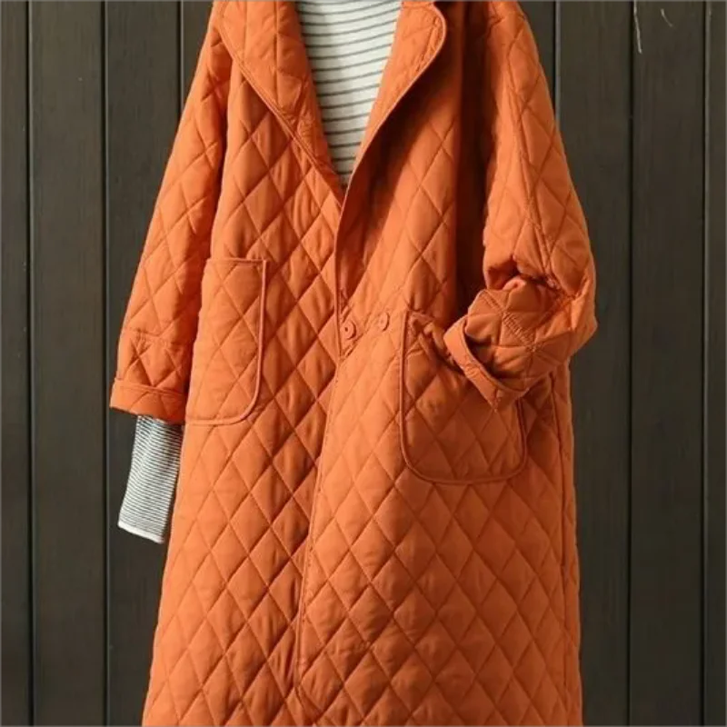 Pocket Solid Women Parkas Winter New Orange Straight Warm Thicken Knee-Length Female Outwear Coats Tops