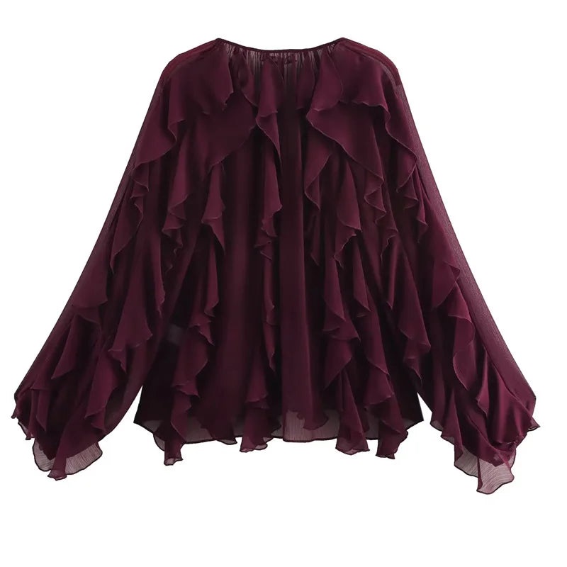 HXAO 2025 Shirts & Blouses Ruffle Elegant Women's Shirt Spring Long Sleeve Plain Shirts Women Semi Transparent Blouses For Lady