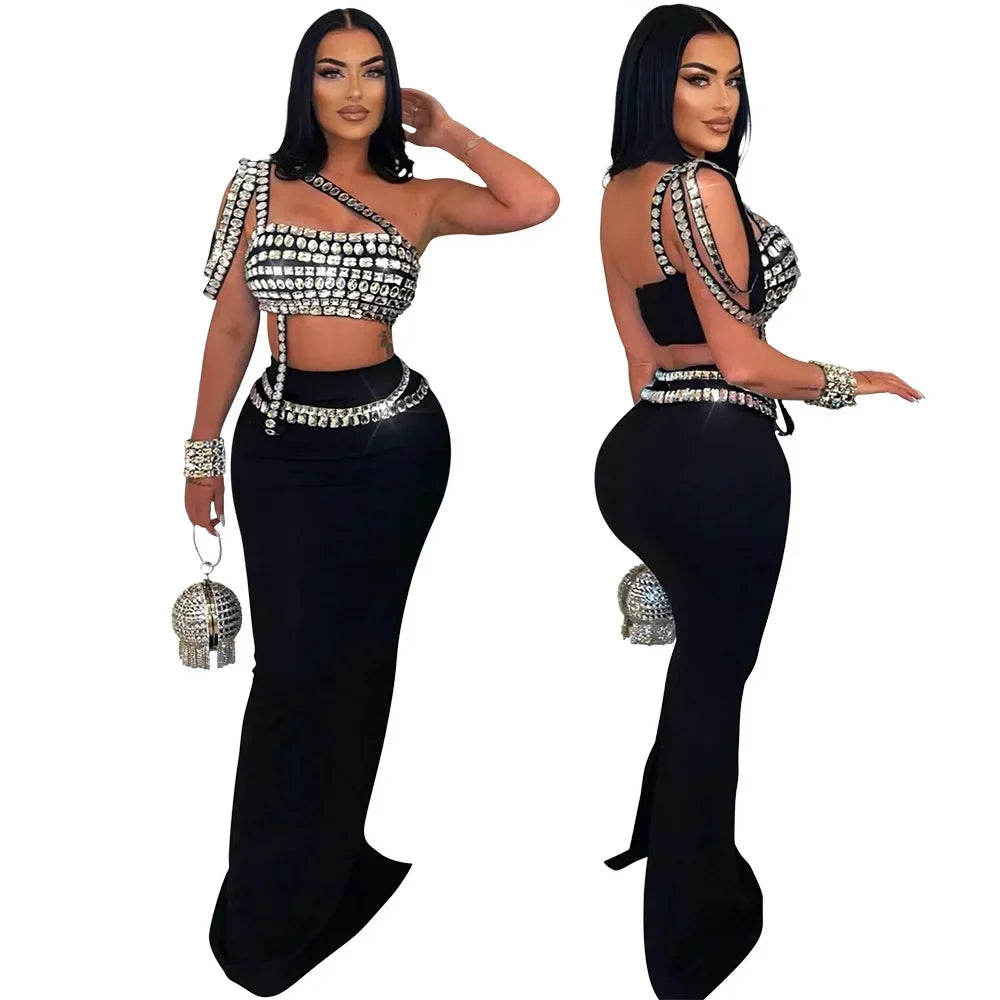 Women Dress Sets Floor Length Buttocks Skirts Two Pieces Set Matching Sets Diamonds Camisole High Street Party Night Evening