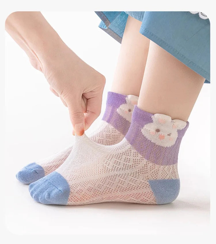 RAISE YOUNG 5Pairs/Lot Purple Children Girls Mesh Socks Bow Flower Print Babys Girls Summer Socks Animal Pattern Kids Girl Socks