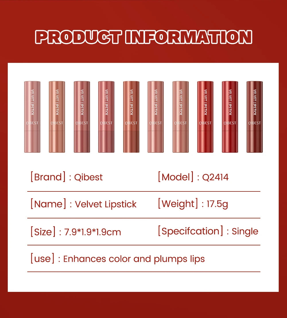 QIBEST Nude Lipstick Matte Lip Gloss High Pigment Makeup Classic Sexy Lipgloss Non-Stick Cup Long Lasting Red Lip Tint Cosmetics