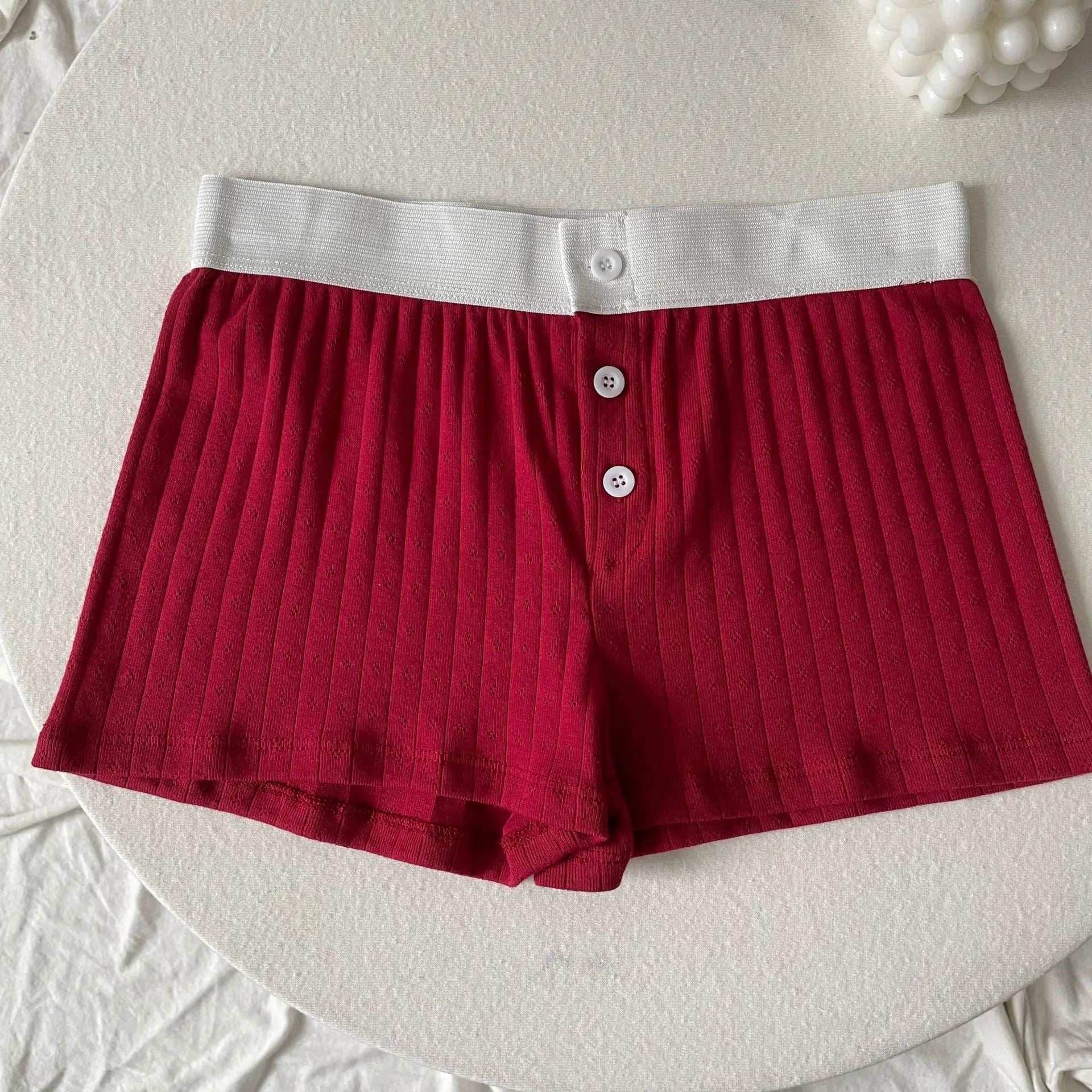 Floral Eyelet Cotton Boy Shorts Woman Summer Three Buttons Patchwork Elastic Waist Straight Short Pant Sweet Cute Home Underwear