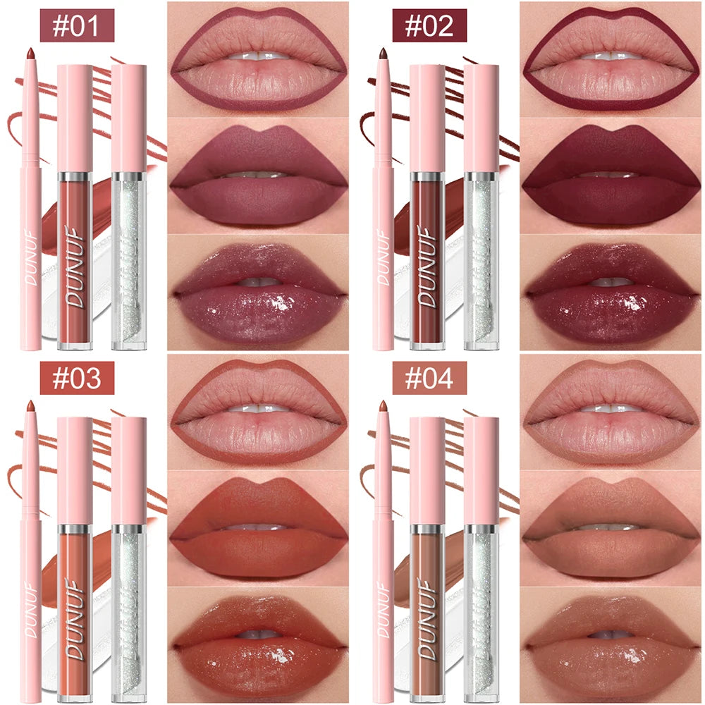 Matte Lip Liner Lip Gloss Lip Oil Set, 3-in-1 Waterproof Non-sticky Long-Lasting Lipstick, Nude Deep Red Mauve, Christmas Makeup