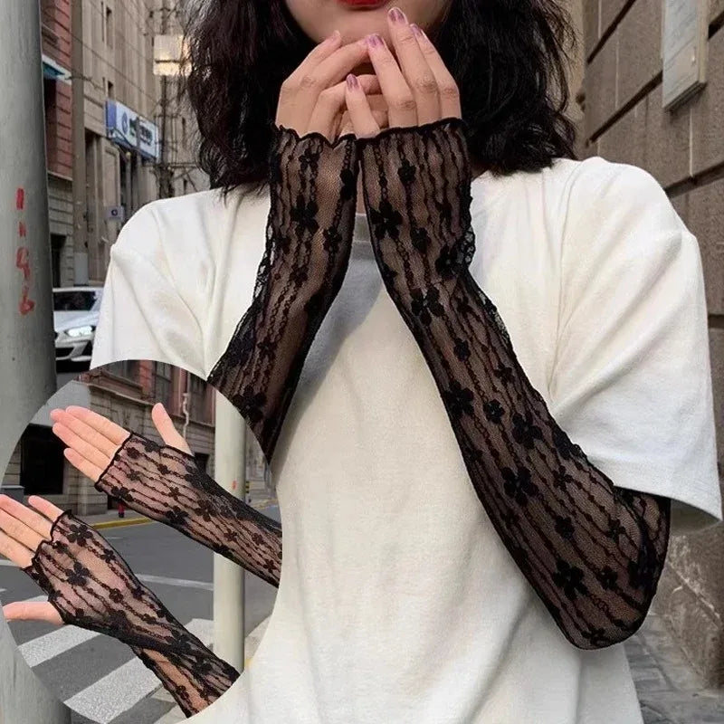 Summer Long Fingerless Gloves Women Sun Protection Sleeves Gloves Lady Thin Lace Mesh Arm Sleeve Sunscreen Uv Breathable Mittens