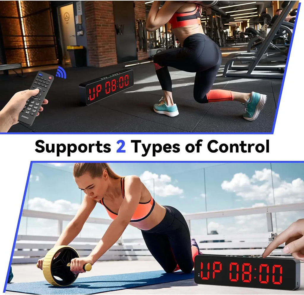 Gym Timer with Remote 12''x 3.5''Ultra-Clear Interval Timer with LED Countdown/Up Wall Clock Power Fitness Timer Stopwatch
