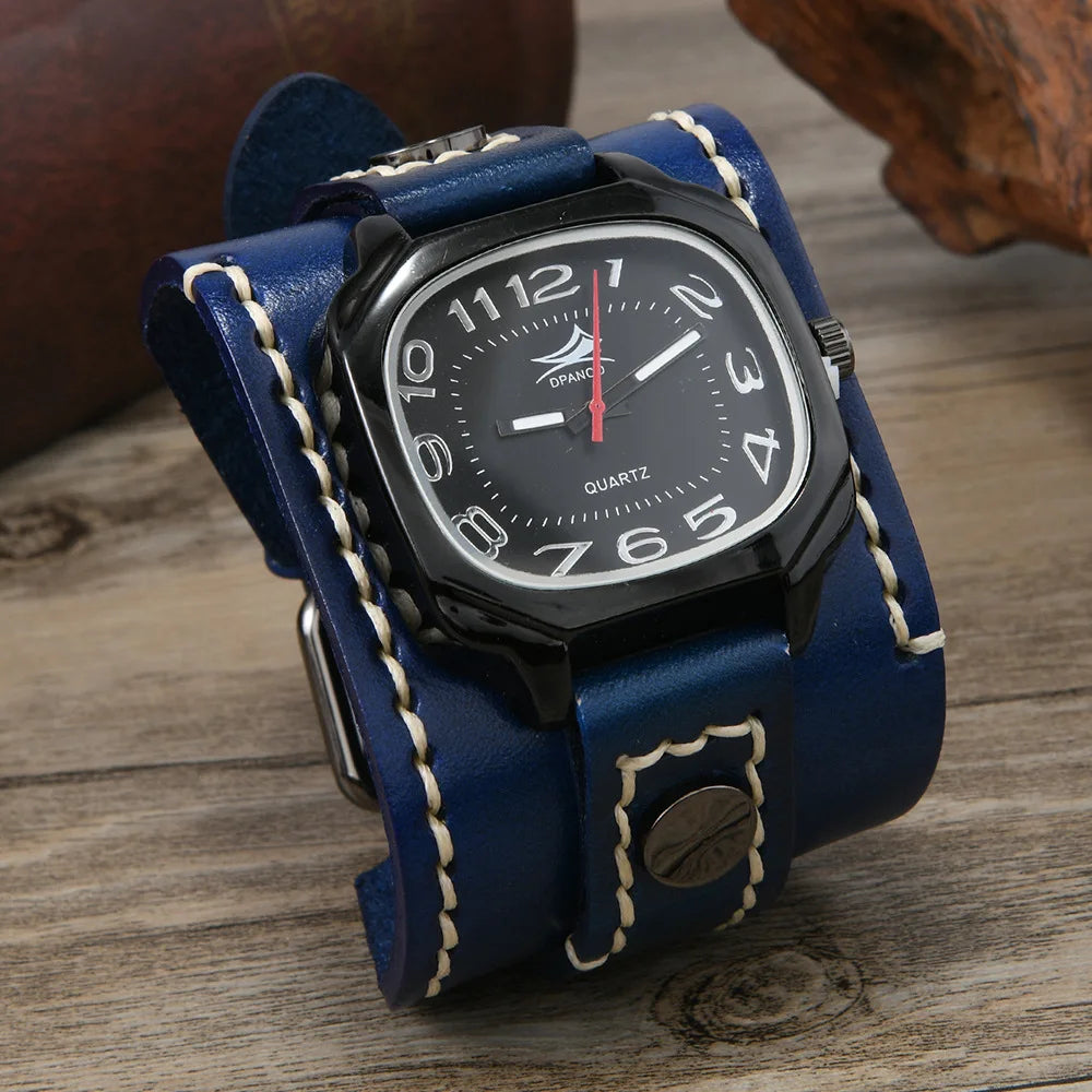 Men's Vintage Wide Cowhide Leather Hand-Stitched Quartz Watch - Retro Wrist Accessory