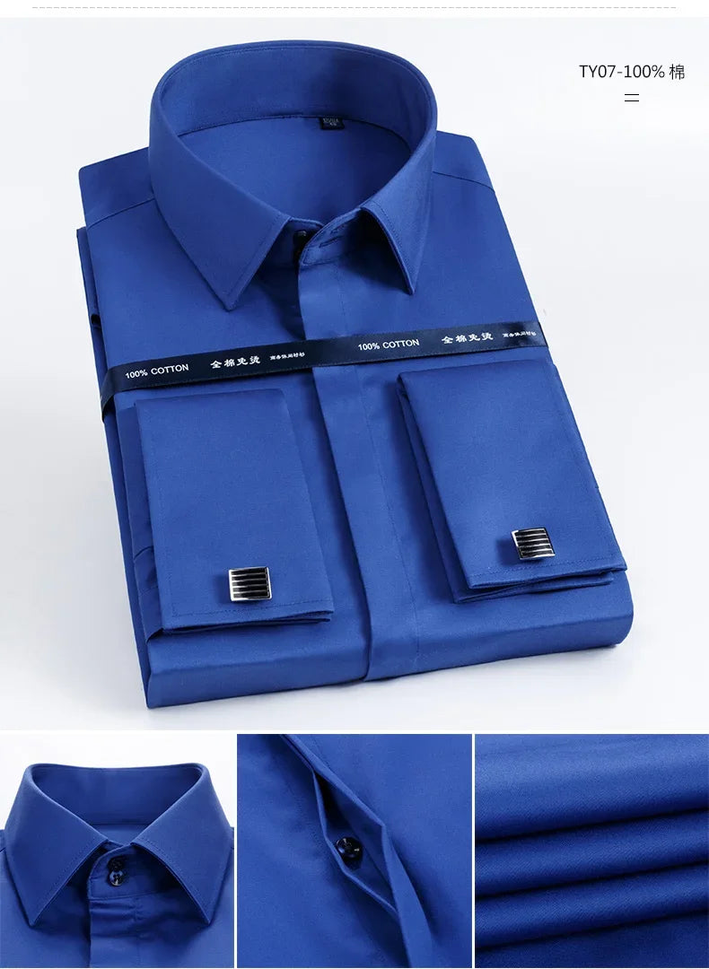 2026 Iron Free French Cufflink Long Sleeves Slim Fit 100% Cotton  Men's Concealed Buttons Solid Color High-end Wedding Dress