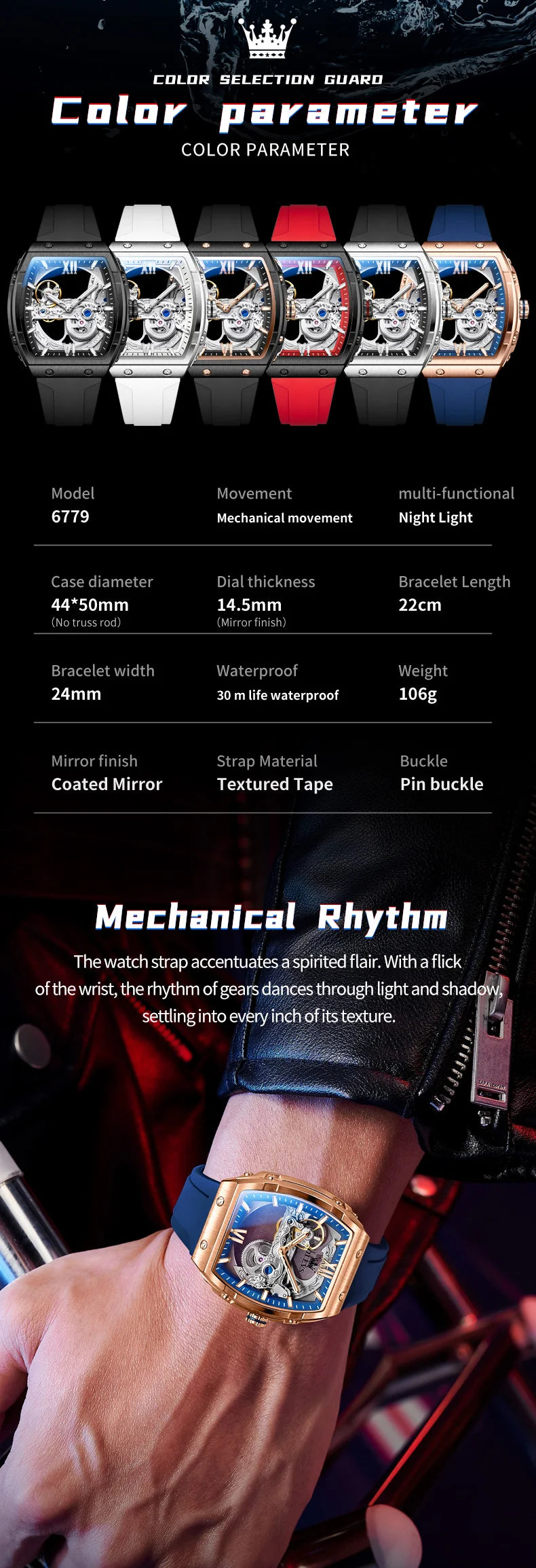 OLEVS 6779 Man Watch Skeleton Luxury Tonneau Mechanical Watches For Men Waterproof Silicone Strap Automatic Hand Clock Gifts Box