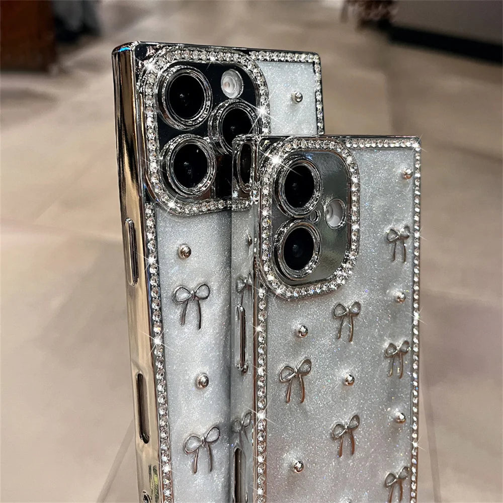 Luxury Rhinestone Bow Glitter Glossy Phone Case For iPhone 17 16 15 14 13 Pro Max Plus Lens Camera Protection Plating Back Cover