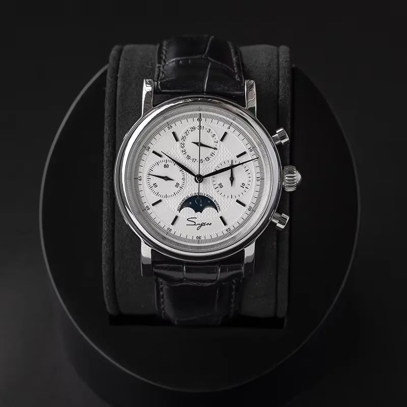 Sugess Chronograph ST1908 Movement Vintage Leather Watch Hand Winding Mechanical 59 Wheels Genuine Moonphase Calendar