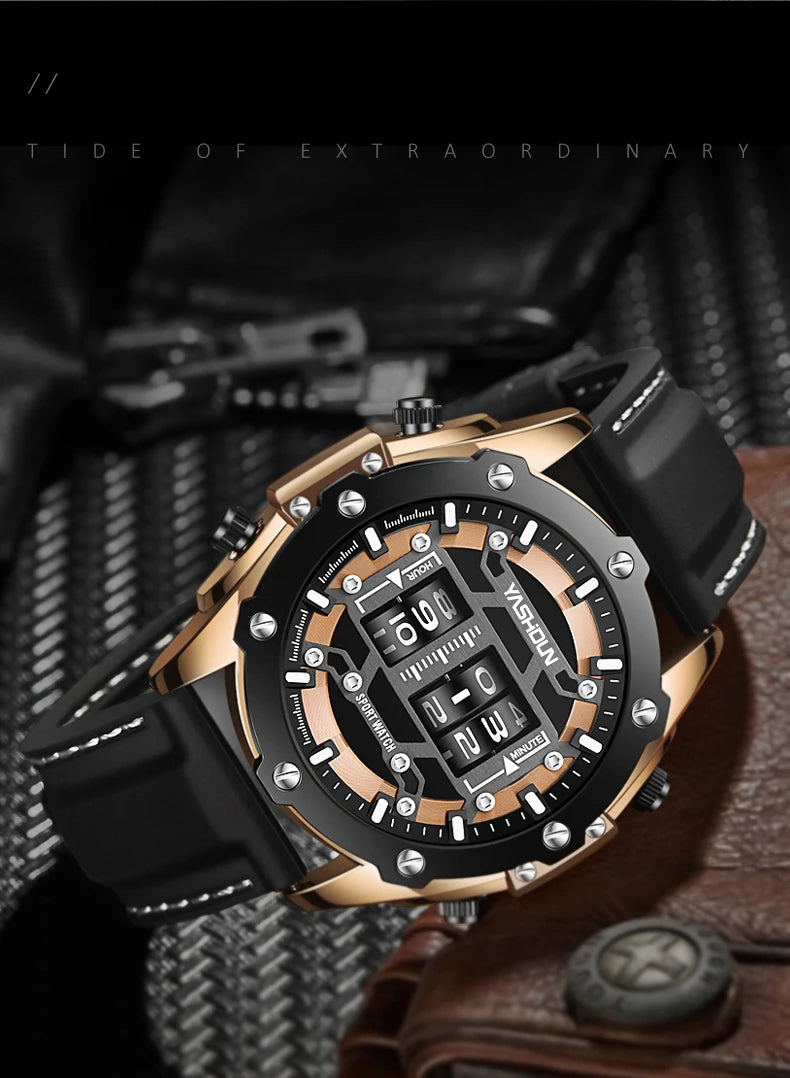 Men Quartz Watch Roller Digital Dial Design Silicone Strap Versatile Wristwatch Clock Waterproof Military Sports Clock
