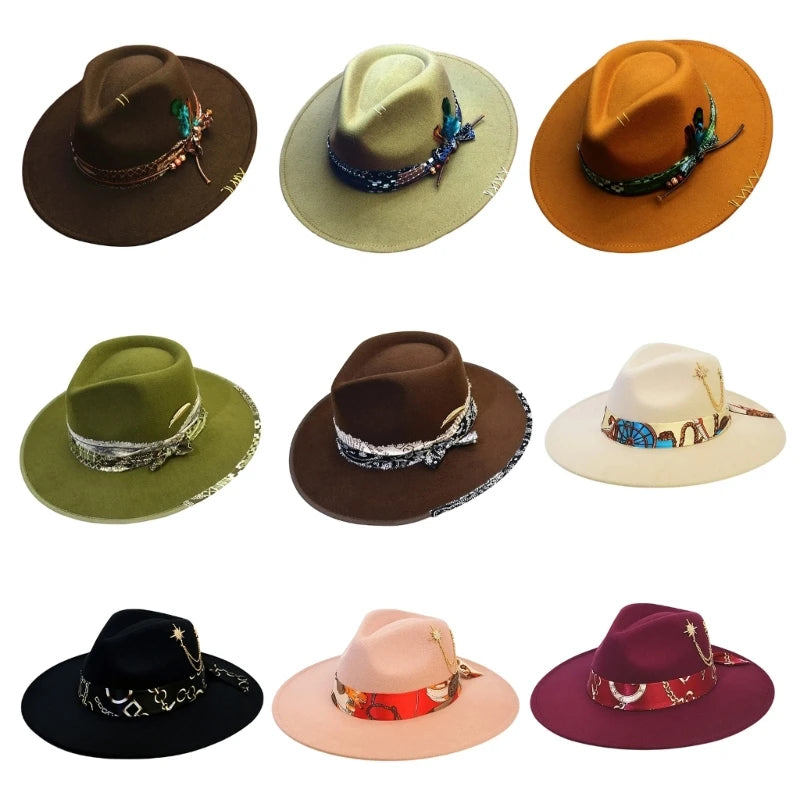 Fedoras felt hats men Actors perform hat Homburg Panama Props Western black green women's Headwear Decorate dancing party caps