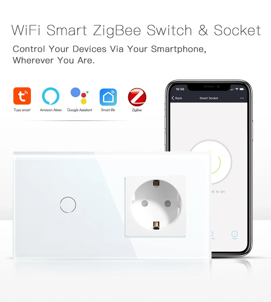 Bseed EU Zigbee Touch Switch 1/2/3Gang 2Way Smart Light Switch Wall Socket USB Type-C Charge Port Tuya Google Home Alexa Control