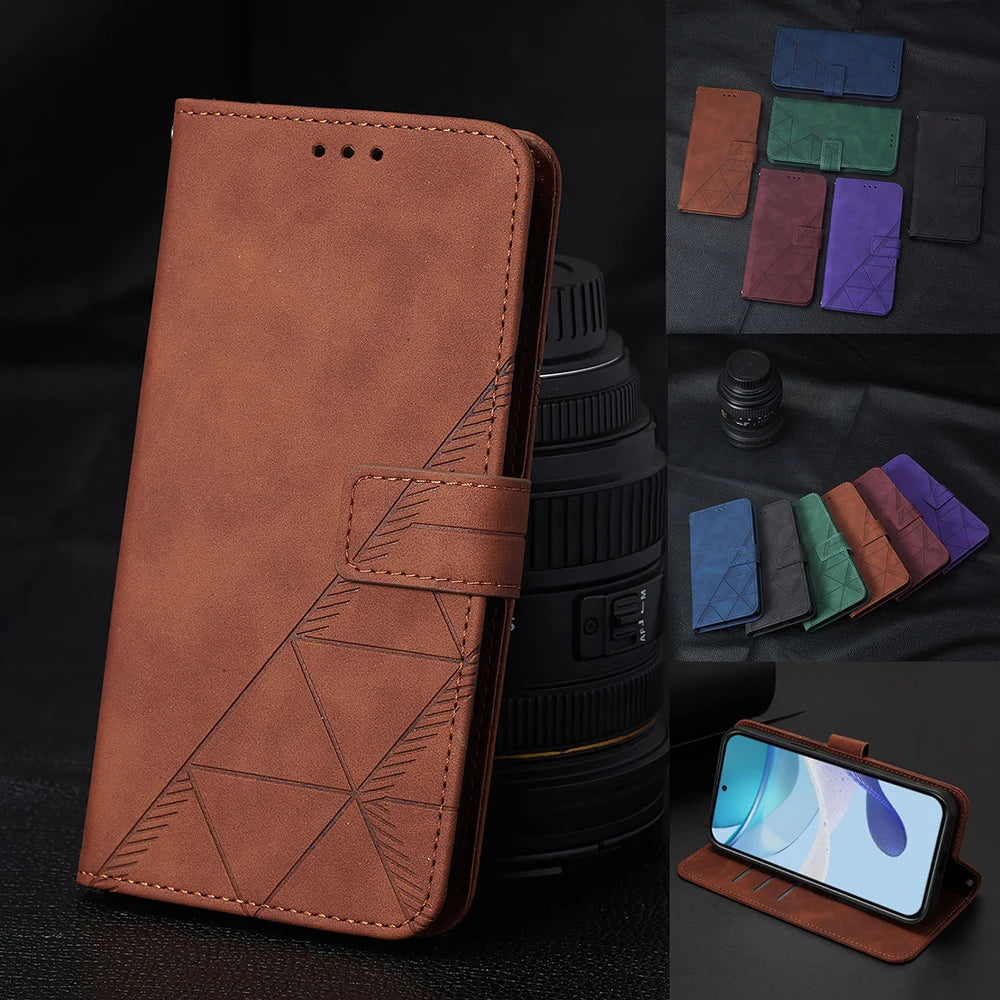 Geometric Leather Wallet Case For ZTE Blade A76 A75 A73 A55 A53 Plus A52 A35 Core V60 V80 Vita Nubia Focus 2 Ultra Calf P9 Pro