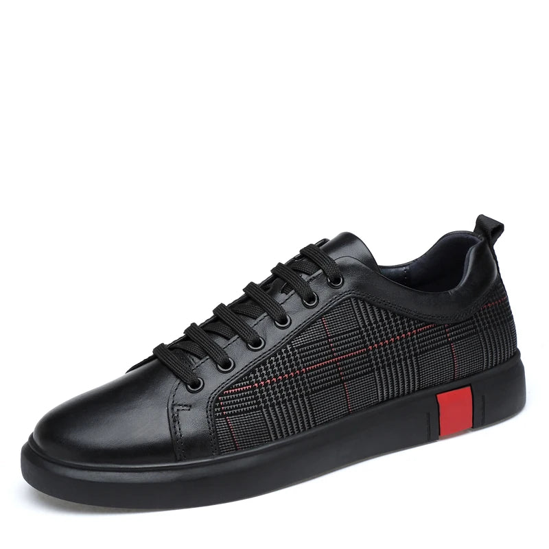 New Arrival Men Black Leather Plaid Panel Sneakers Luxury Style Lace Up Casual Shoes Non Slip Platform Walking Footwear