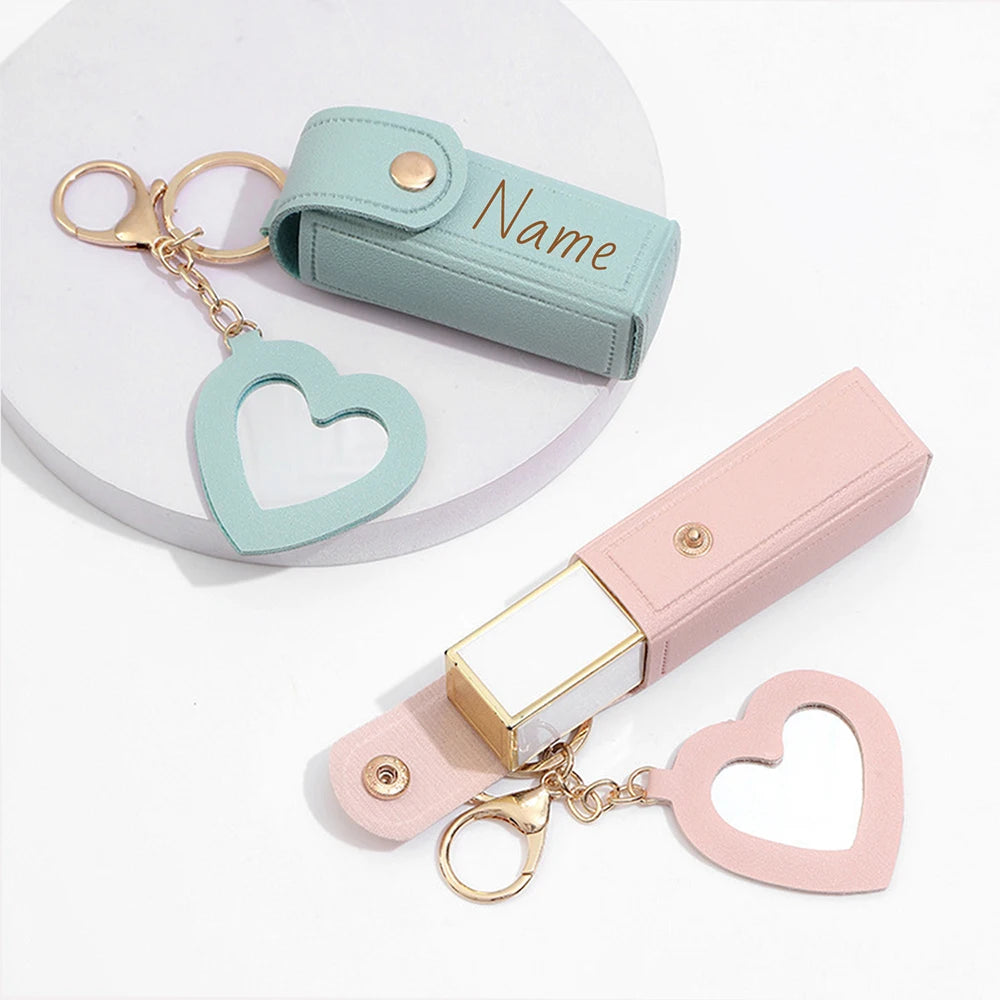 Mini Lipstick Bag Custom Text Keychain PU Leather Customized Name Bag Charm Mirror Laser Engraving Personalized Text Key Chain