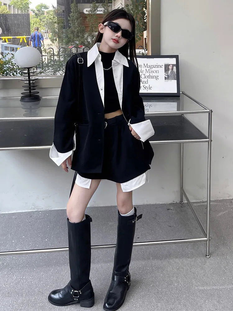 Girls' Suit Set Ages 5-14 Trendy Spliced Two-Piece Outfit with Jacket And Short Skirt for Children's Fashion Shows Machine Wa...