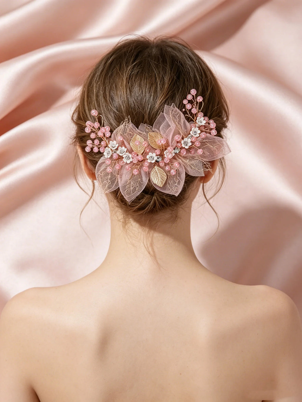 Bridal Wedding Pearl Headpiece Hair Chain Hairband Hair Accessory Pink Tulle Pearl Headpiece Girls' Performance Hair Accessory