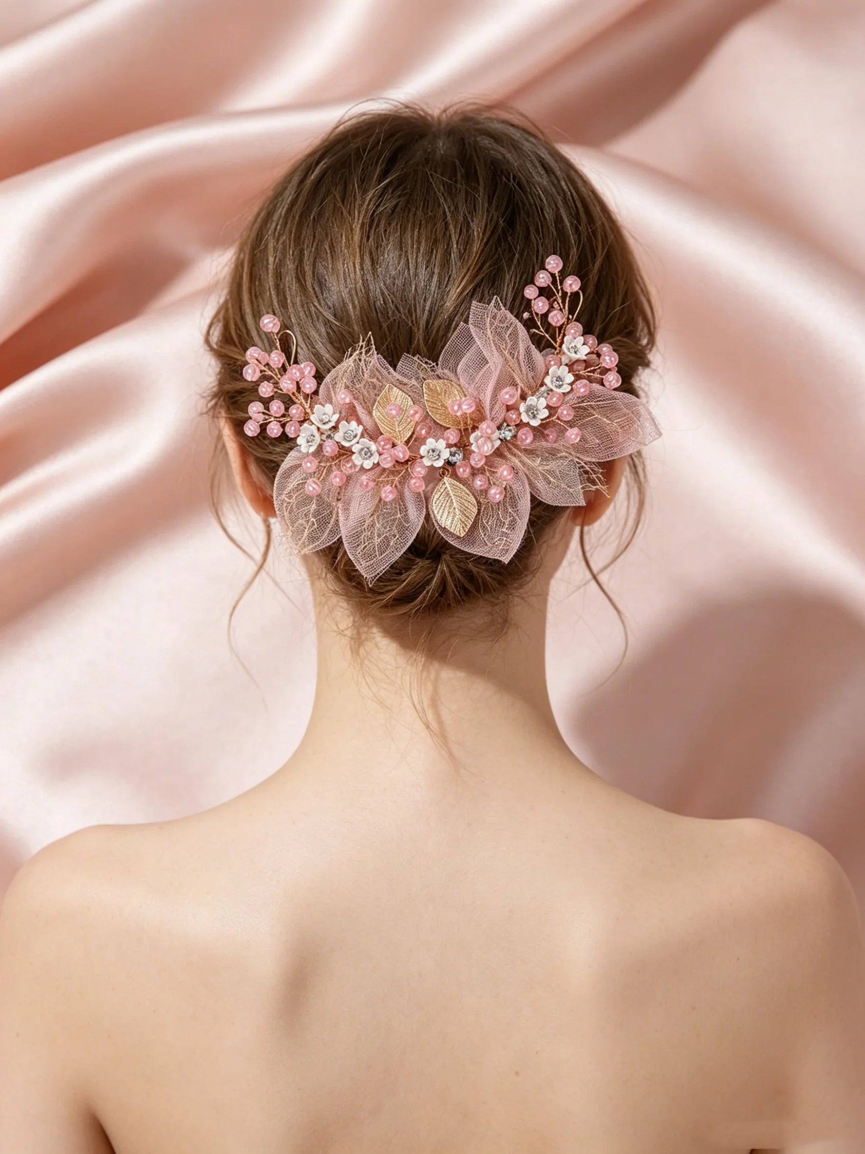 Bridal Wedding Pearl Headpiece Hair Chain Hairband Hair Accessory Pink Tulle Pearl Headpiece Girls' Performance Hair Accessory