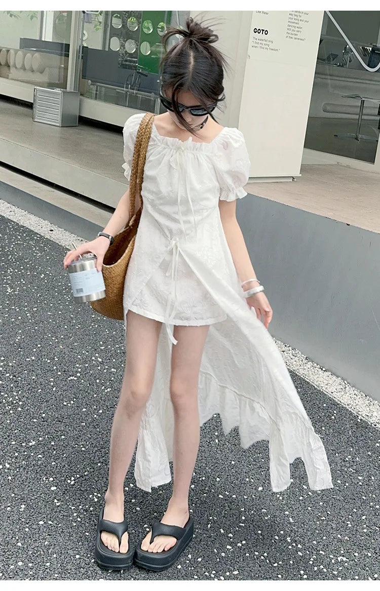 junior girls 2024 French Square Neck White Short Sleeve Dress Puff Sleeve Ruffle Long Skirt Premium teen kids princess Dresses