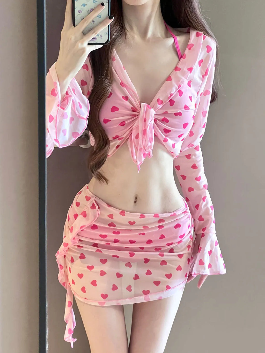 sexy Korean fashion pink heart print swimsuit 4pcs autumn long flare sleeve cover top with skirt bikinis padded swimwear biquini