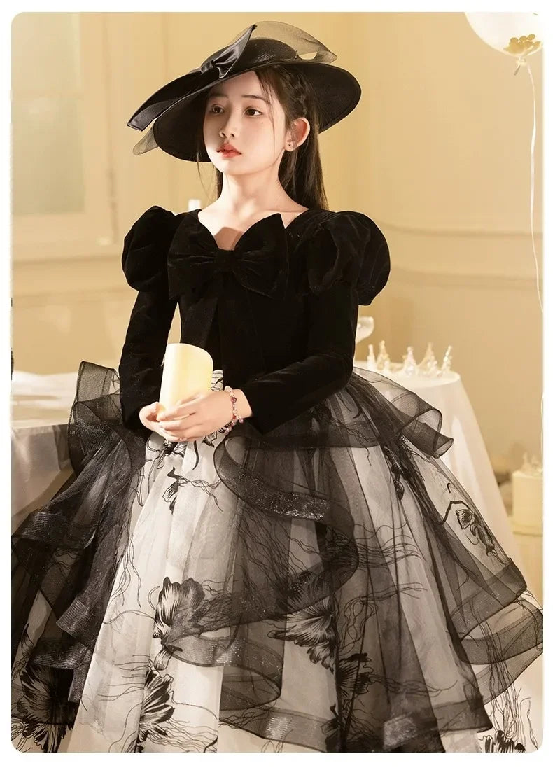 Girls' Spring Dress 3-14y Sweet Girls Floral Puff Long Sleeve PrincessCostumes Vestidos Dresses Kid's Clothes Children's Mes