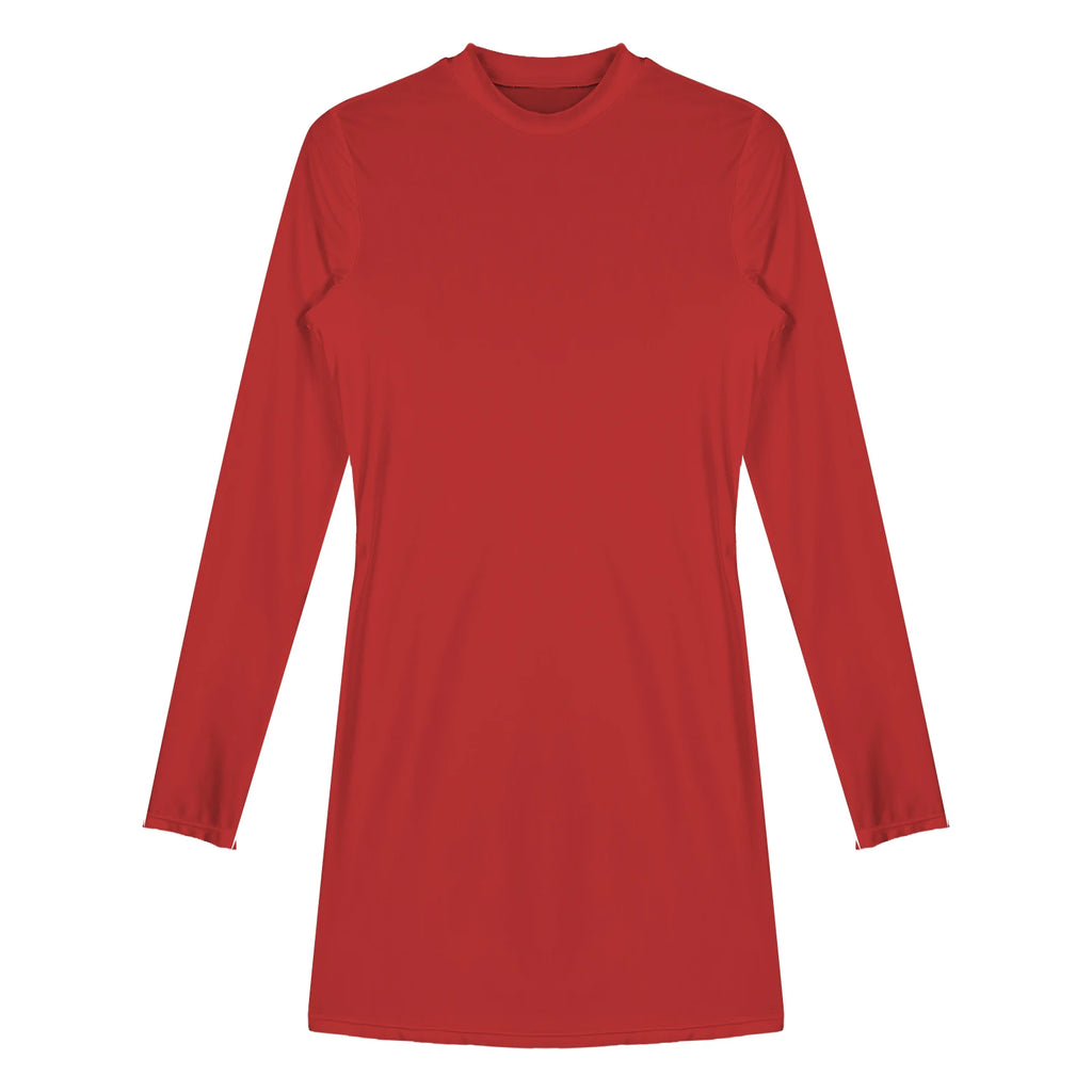 Women's  Solid Color Smooth Stretchy Mock Neck Tight Party Dresses Female Dresses Glossy Long Sleeve Bodycon Dress Nightwear