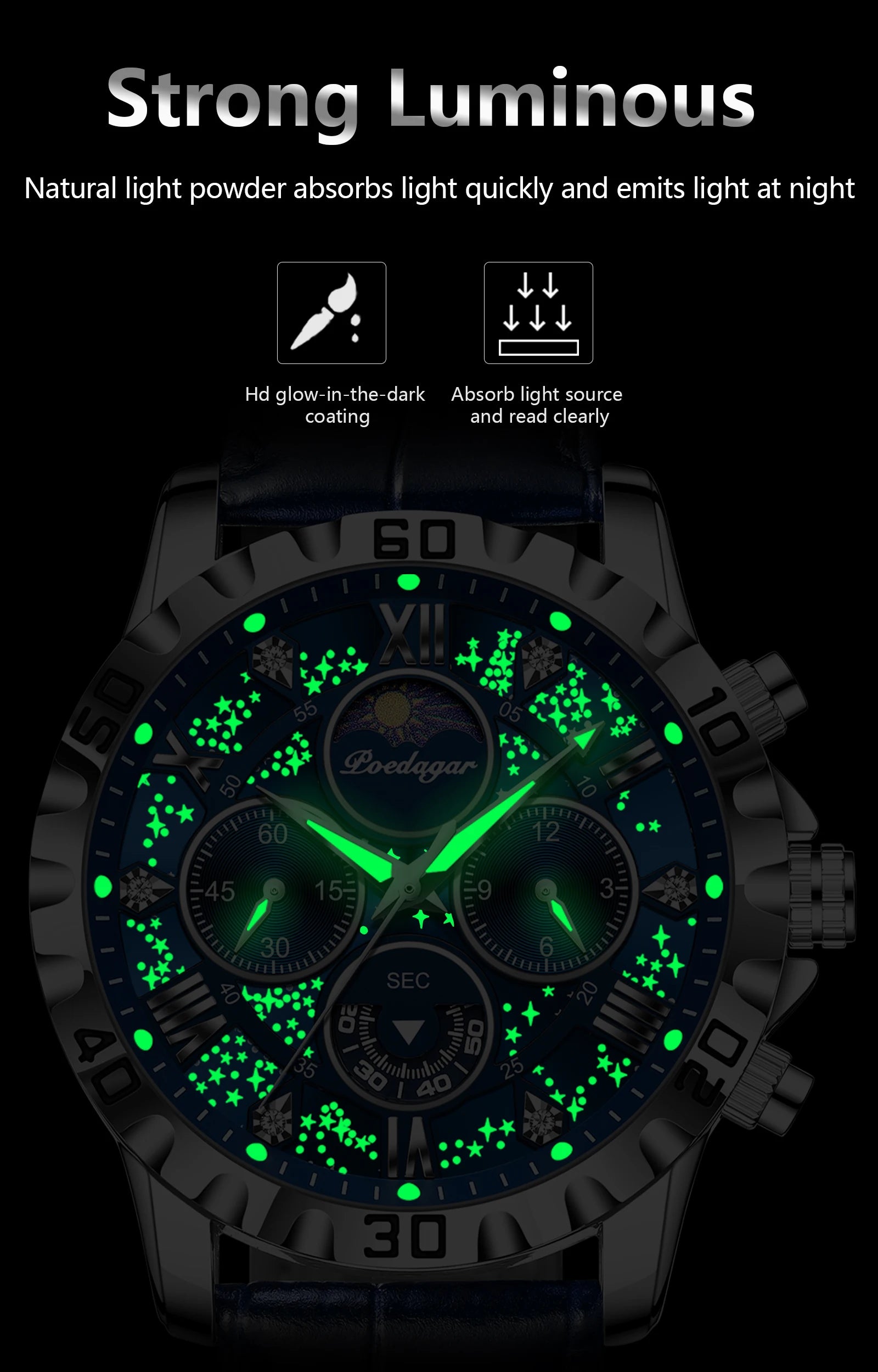POEDAGAR Original Military Man Wristwatch Waterproof Luminous Chronograph Leather Strap Watches For Men Quartz Men's Watch Reloj