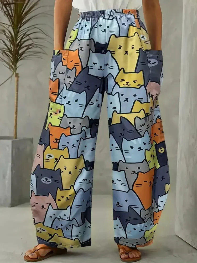 Loose Vintage Pants For Women Have Pocket Pants Cartoon New Fun Cat Animal Print Casual Women's Bloomers And Trendy Pants