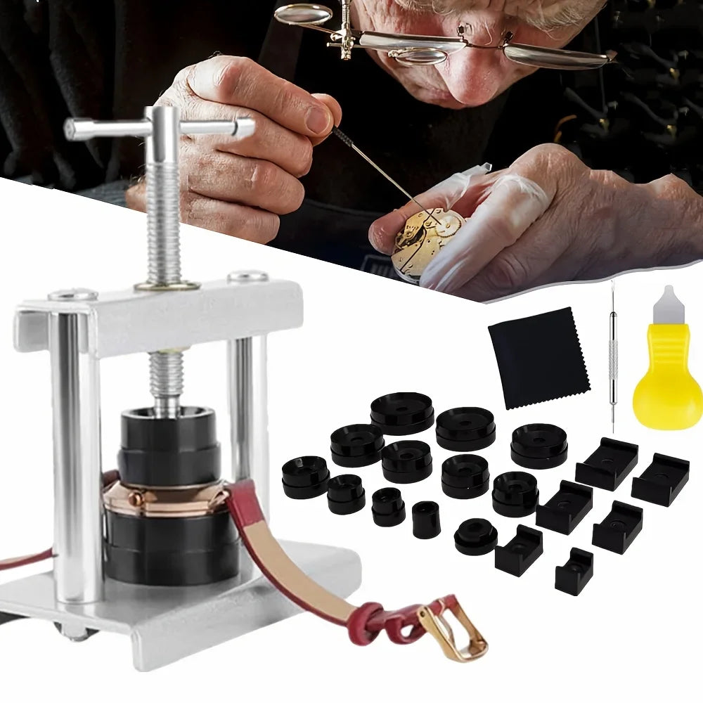 22pcs Watch Press Kit Watch Repair Tools with 18 Pressure Plates Ear Punch Dust Cloth Bent Knife Cover Presser Battery Tool