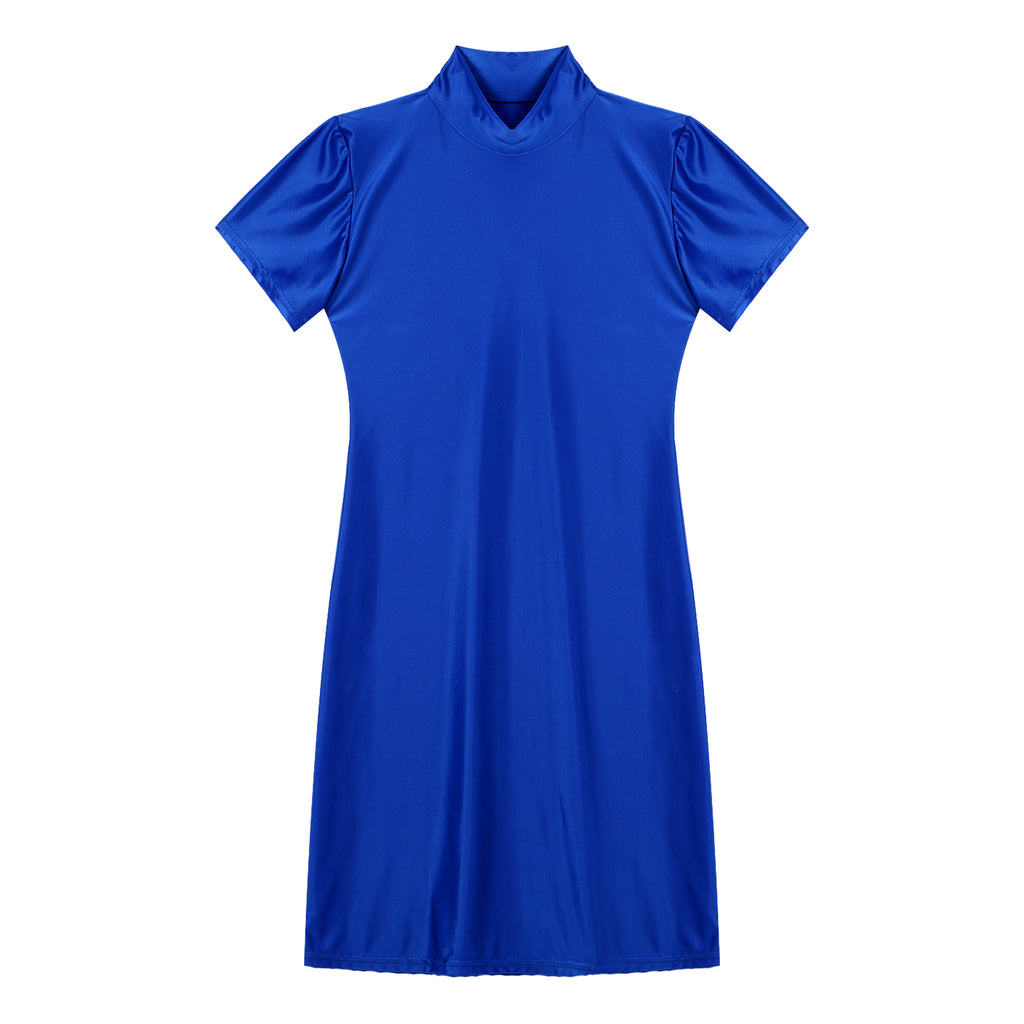 Women's  Solid Color Smooth Stretchy Mock Neck Tight Party Dresses Female Dresses Glossy Long Sleeve Bodycon Dress Nightwear