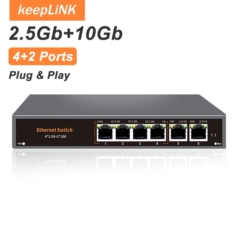 KeepLiNK 6-Port Multi-Gigabit Unmanaged Network Switch 4 X 2.5Gb RJ45 + 2 X 10Gb RJ45 for High-Speed Data Networking