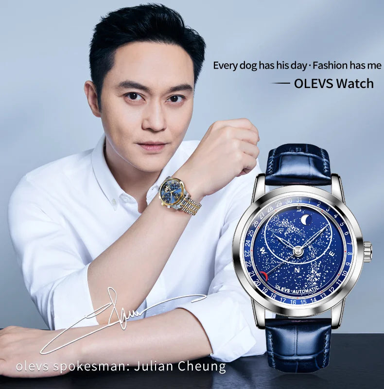 OLEVS 9923 Mens Watch Luxury Original Automatic Mechanical Watch Leather Strap Waterproof Luminous Starry Dial Watch For Men