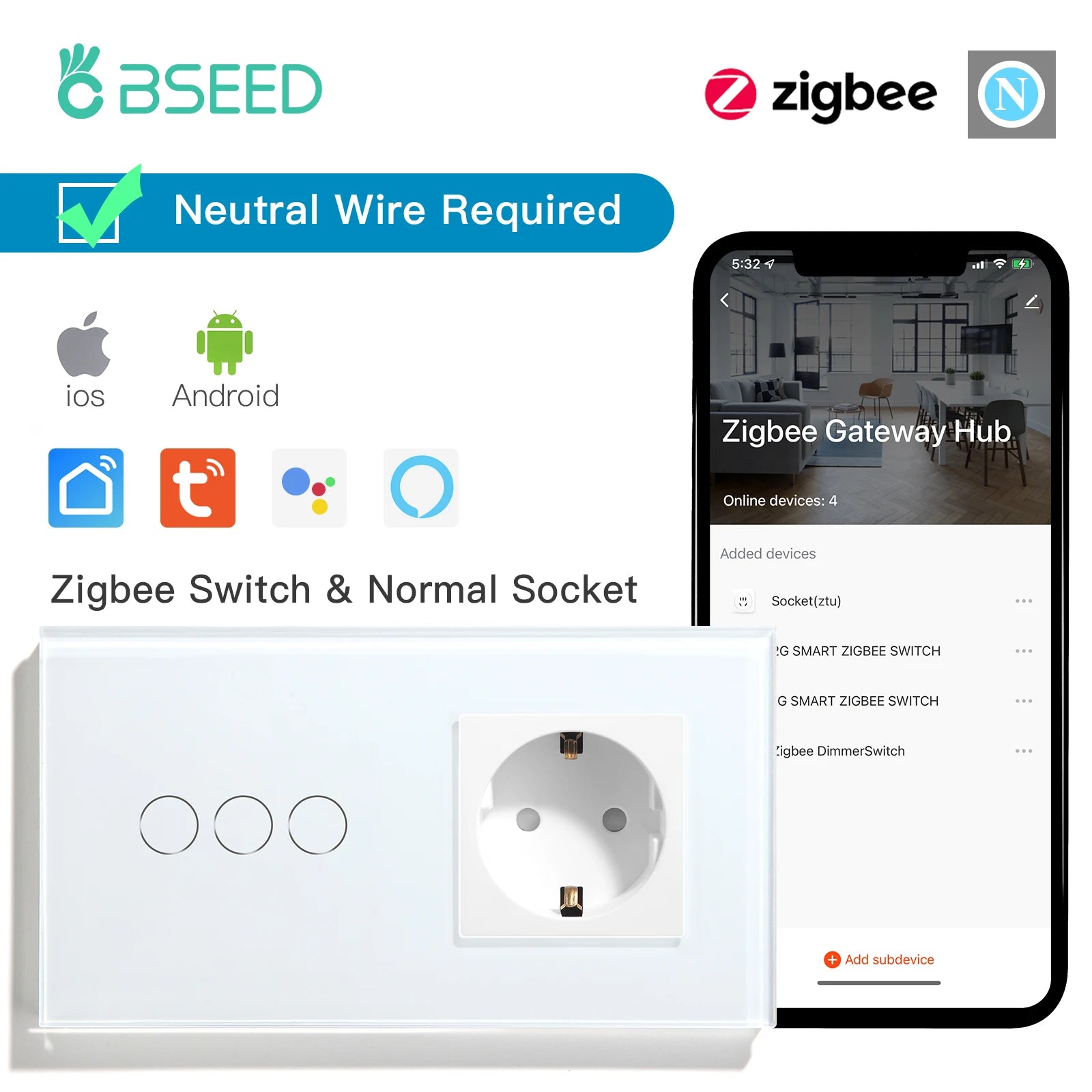 Bseed EU Zigbee Touch Switch 1/2/3Gang 2Way Smart Light Switch Wall Socket USB Type-C Charge Port Tuya Google Home Alexa Control