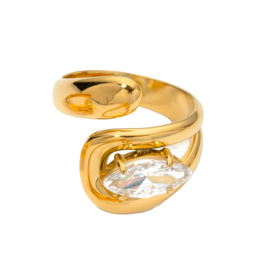 18K Gold Plated Stainless Steel Water Drop Shaped Large Zircon Opening Ring Anti Allergic Women Waterproof Statement Jewelry
