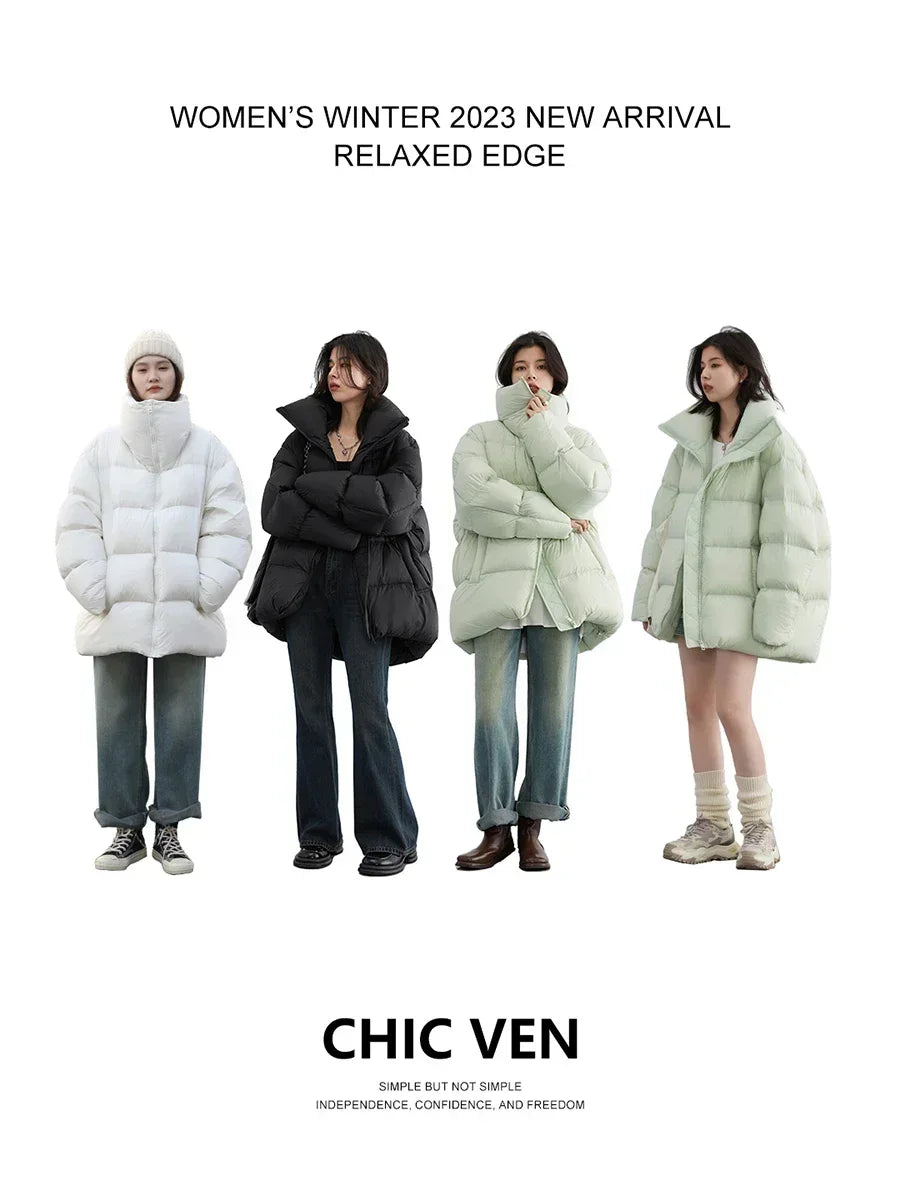 CHIC VEN Women's Down Coats Korean Stand Collar Simple Solid Color Warm Casual Jackets Soft Fashion Female Clothing Winter 2025