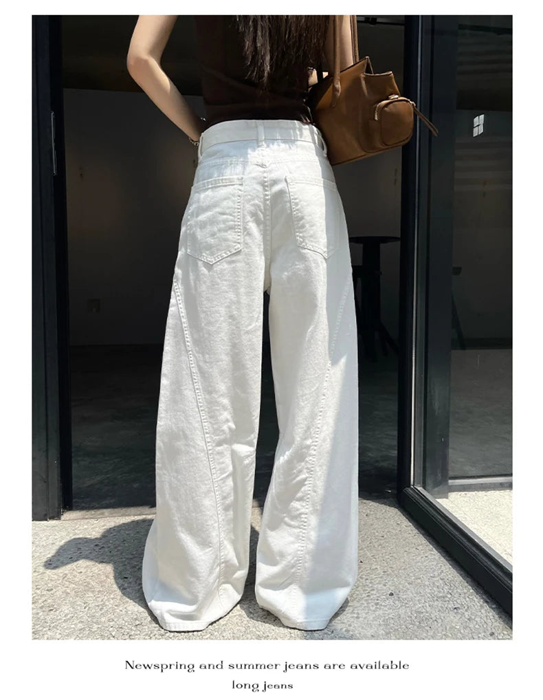 KSTUN 2025 Summer New Women's White Jeans Low Waist Wide Leg Jeans Denim Pants Losoe Fitness Girls Casual Dragging Pants Striped