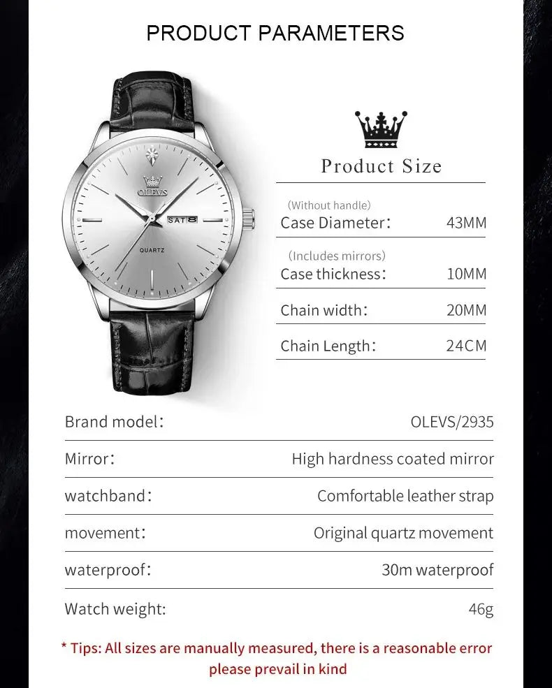OLEVS 2935 Men's Watch Dual Calendar Waterproof Luminous Quartz Watch For Men 43mm Big Dial Leather Fashion Business Wristwatch