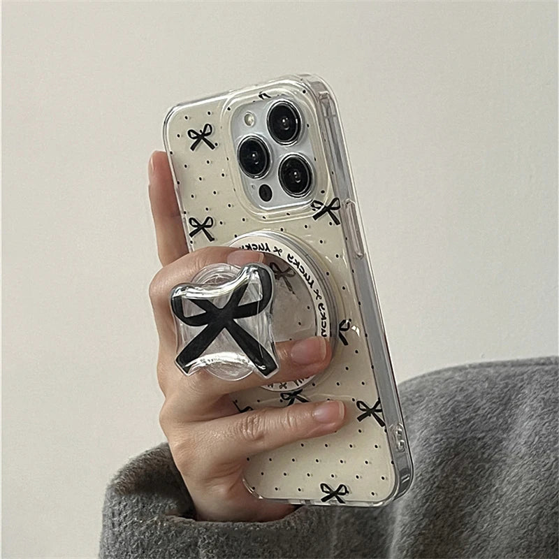 Korean Cute Black Bow For Magsafe Magnetic Phone Griptok Grip Tok  Stand For iPhone 15 14 13 Foldable Wireless Charging Holder