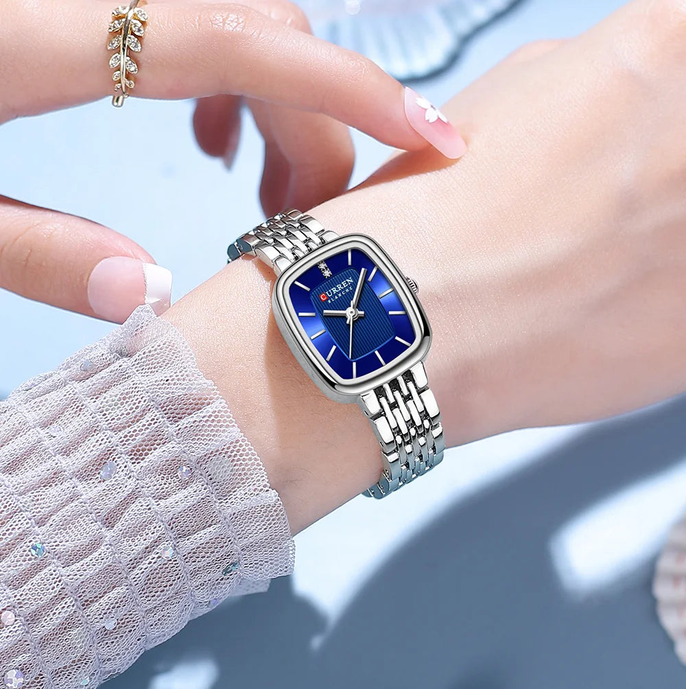 Curren 9093 Square Quartz Watch for Ladies, Waterproof Minimalist Casual Wristwatch with Stainless Steel Strap