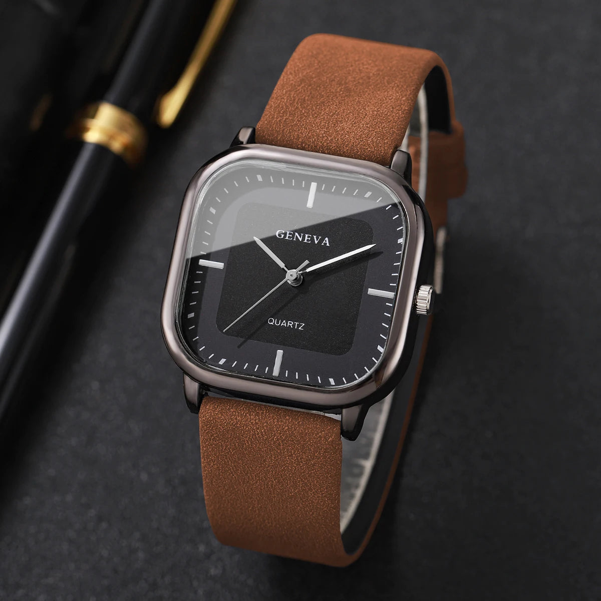 2PCS/Set Fashion Square Women Quartz Watch Ladies Leather Strap Wristwatch With Heart Bracelet Reloj Mujer (Without Box)