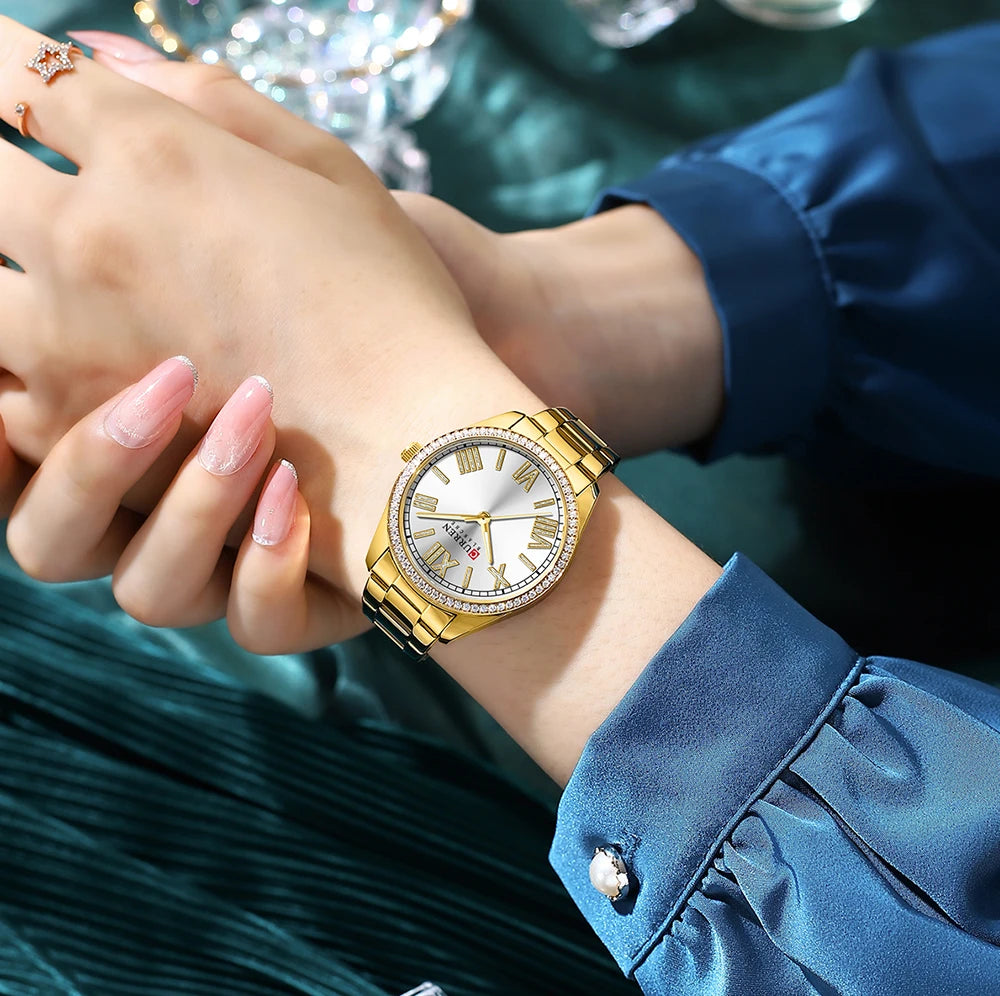 CURREN NEW Luxury Stainless Steel Wristwatches for Ladies Romantic Rose Pink with Rhinestones Roman Numeral Dial