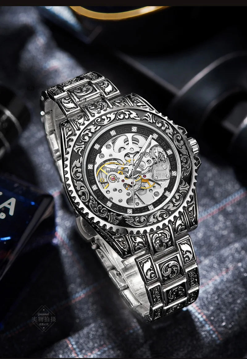 UTHAI M11 New Men watch hollowed out retro carved automatic mechanical watch cool clock gift，watches for man