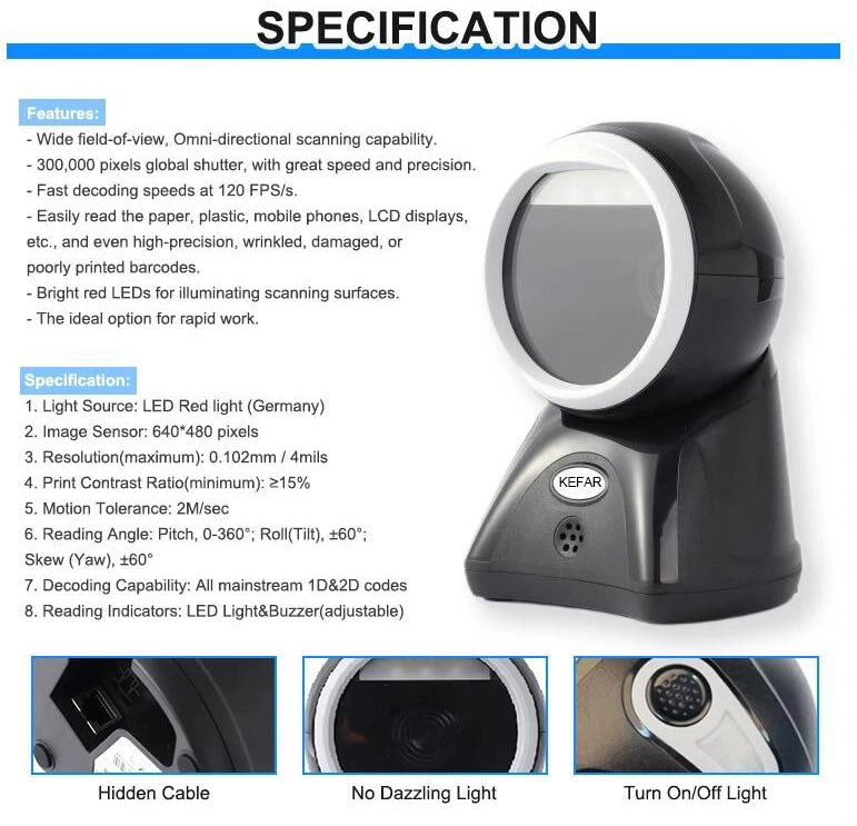 New Arrial Foldable Omnidirectional Desktop 2D Barcode Scanner Automatic Wired USB Platform Bar Code Reader for Supermarket