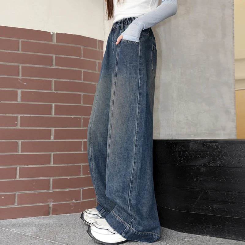 Teenager Girl Blue Jeans Fashion Retro Straight Leg Children Trousers Youth Lady Baggy Vintage Wash Casual Denim Pants Age 8-16Y